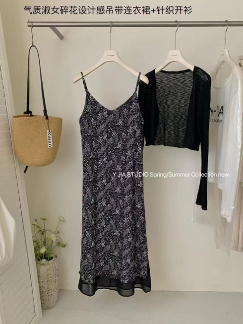 Summer Ladies Spaghetti V-neck Dresses With Cardigan